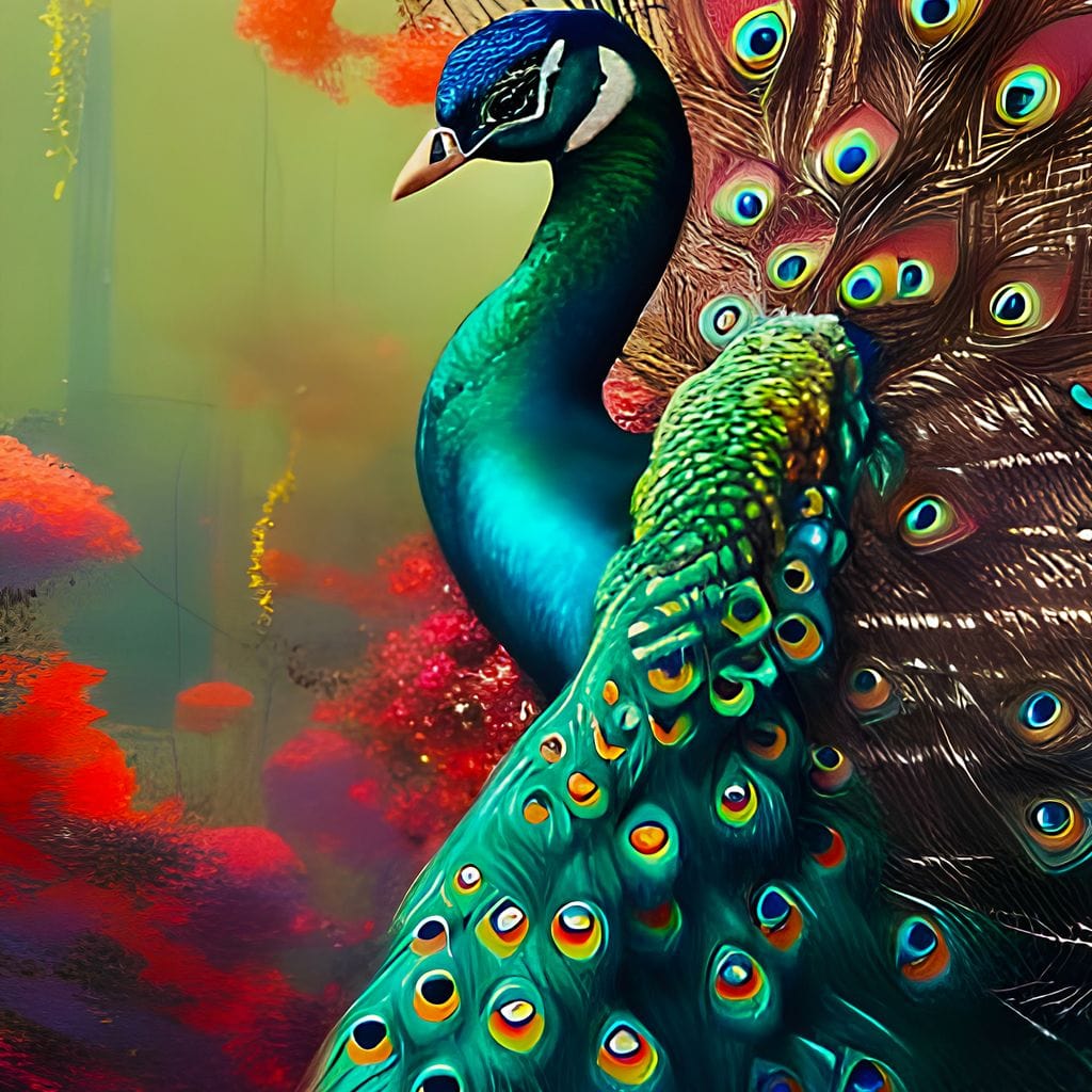 tablou canvas cu un paun in culori vii si fundal de poveste