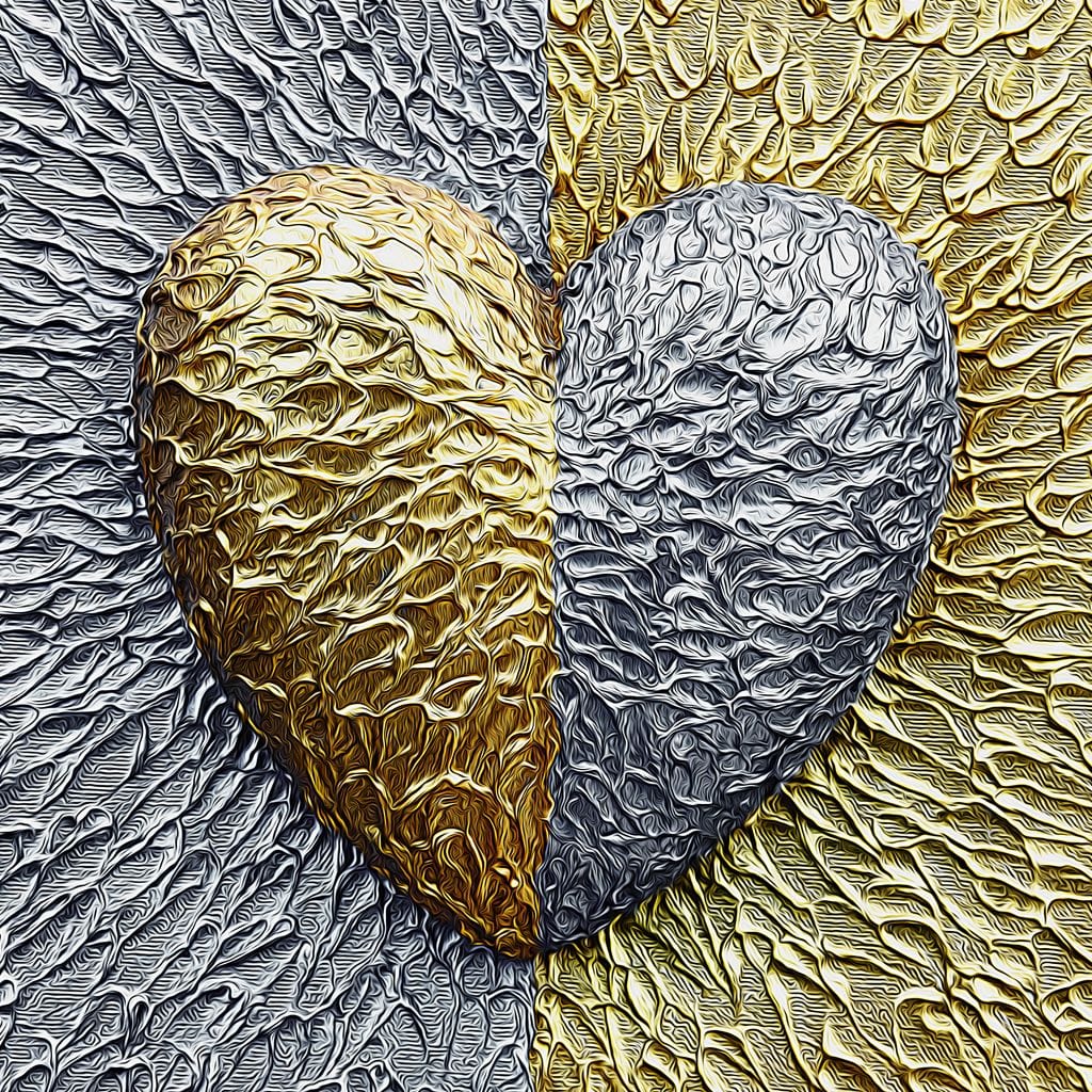 Tablou Canvas Premium LuxCanva® E1053, Inima Dualitatii, Aur, Argint, Stralucire, Textura, Simbolism, Living Room, Culori vibrante