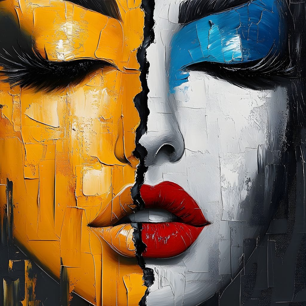 Tablou Canvas Premium, LuxCanva® G1210, Tacere si Strigat, Dualitate, Fete, Contrast, Frumusete, Lumina, Umbra, Masca, Diviziune, Impact, Inima, Portret, Liniste, Pace, Salon, Birou, Living, Dormitor