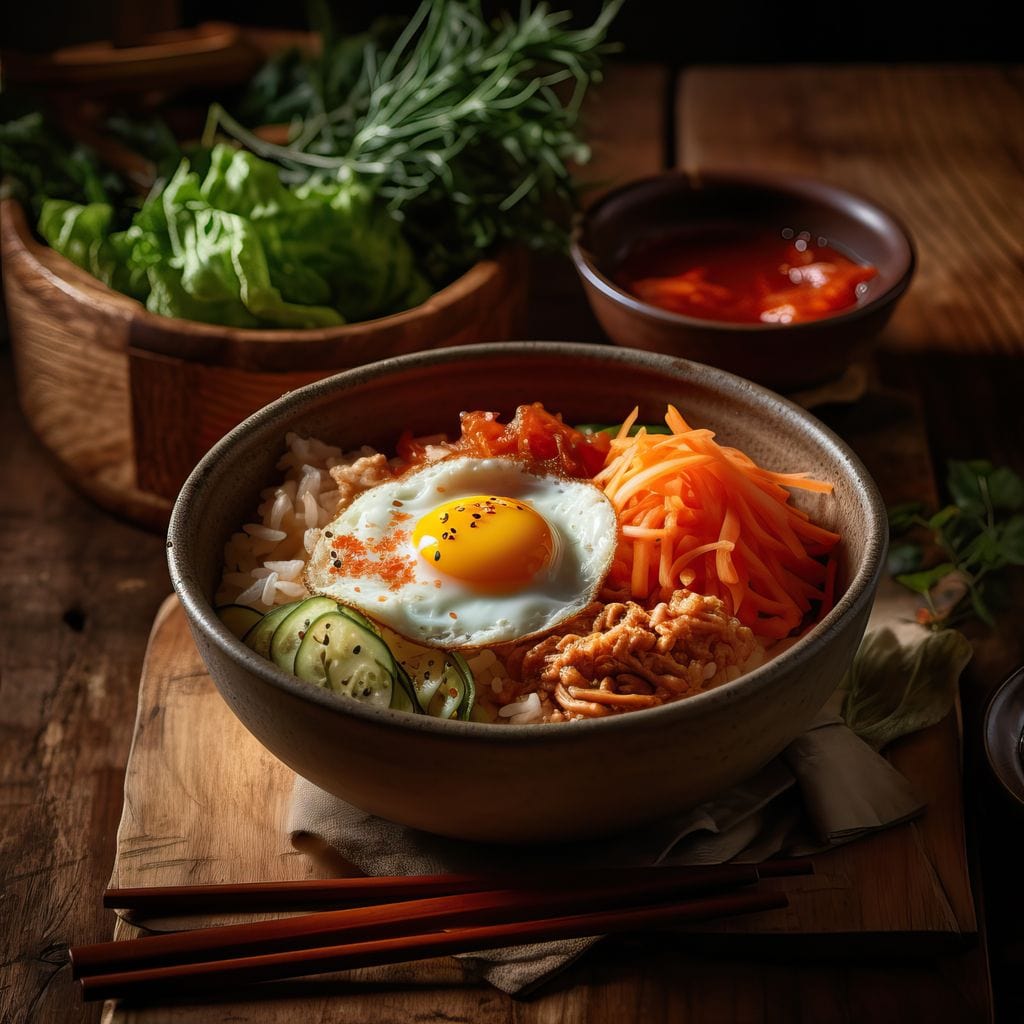 tablou canvas cu mancare asiatica, cu ou prajit, morcovi, orez si castraveti intr-un bol oriental, pe o masa de lemn alaturi de sos rosu si verdeturi