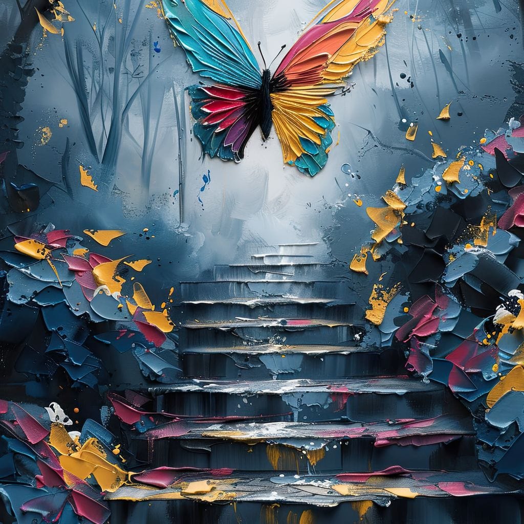 tablou canvas cu un fluture multicolor in zbor deasupra unor trepte, intr-o padure pictata in tonuri de albastru