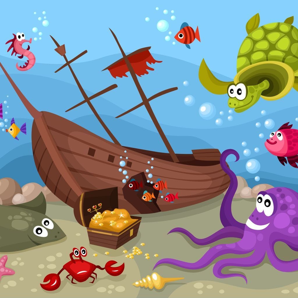 Tablou Canvas Premium, LuxCanva® K1023, Prietenii Marii, Comoara, Adancuri, Aventuri, Mare, Epava, Gradinita, Fermecata, Oceanic, Cresa, Corabie, Pesti, Crabi, Caracatita, Camera Copii