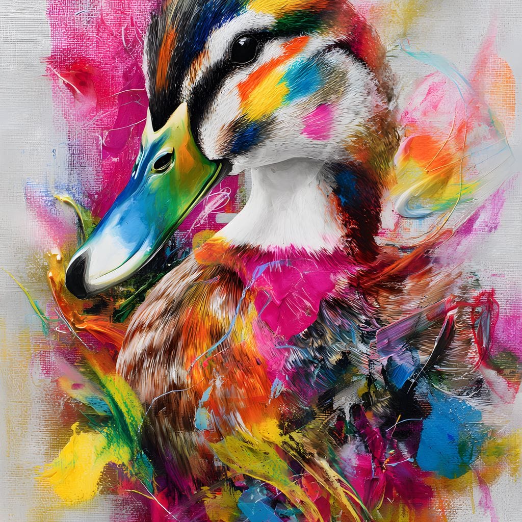 tablou canvas cu o rata cu penaj viu colorat, pe fundal multicolor