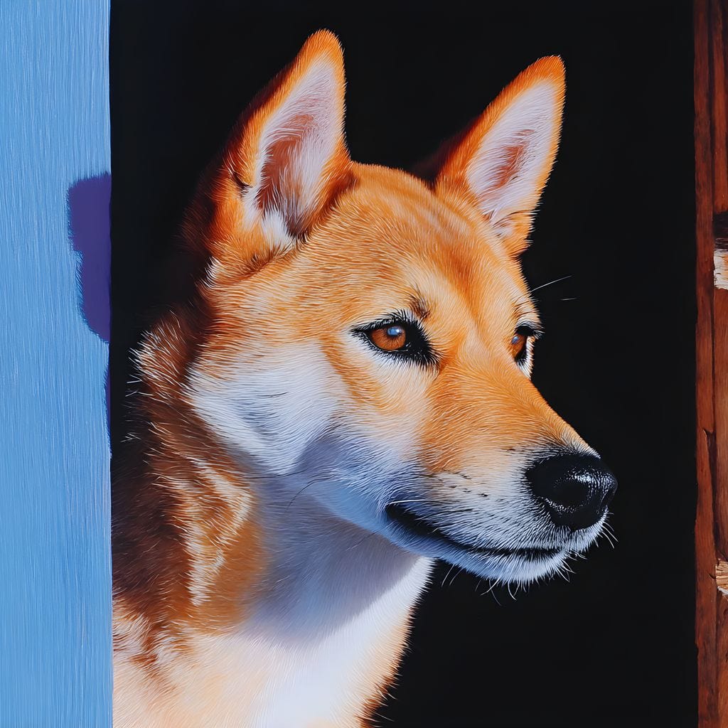 tablou canvas cu un caine cu blana roscata si alba, privind peste un gard rustic de lemn, in lumina calda de apus