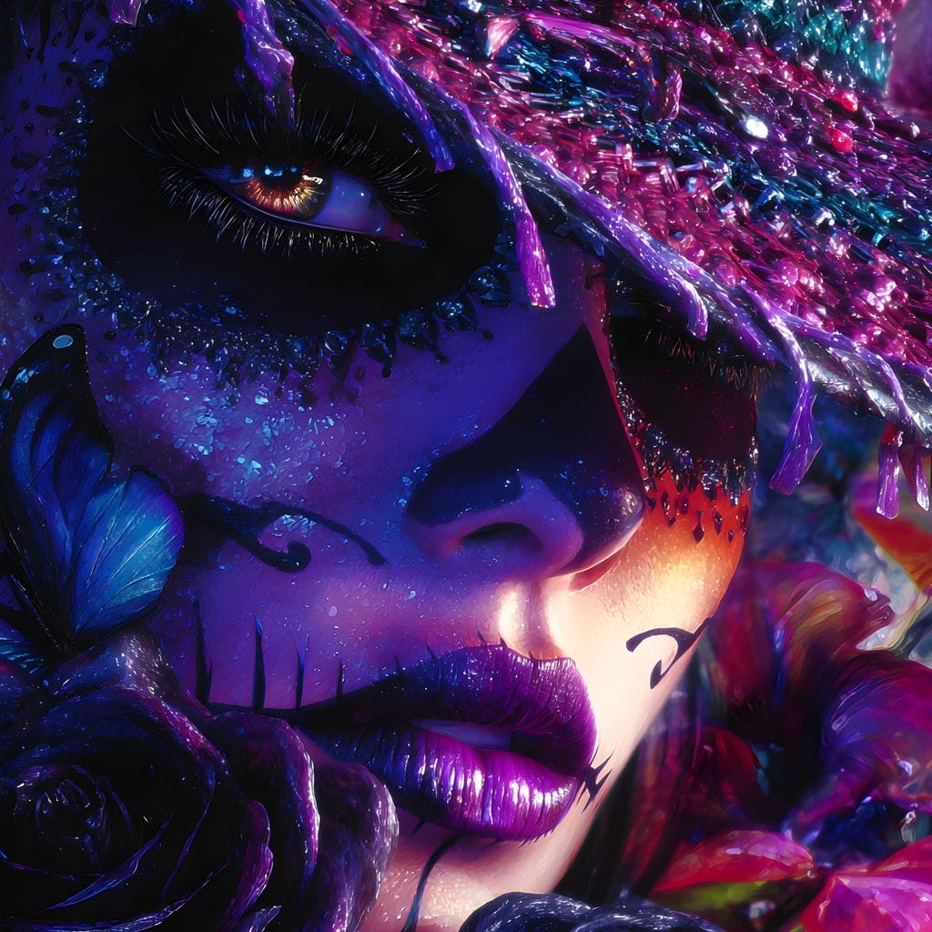 Tablou Canvas Premium, LuxCanva® G1156, Privirea care Vrajeste, Noapte, Mov, Palarie, Tatuaj, Trandafiri, Violet, Suflet, Ratacire, Mexic, Decorativ, Intens, Fascinant, Birou, Living, Dormitor