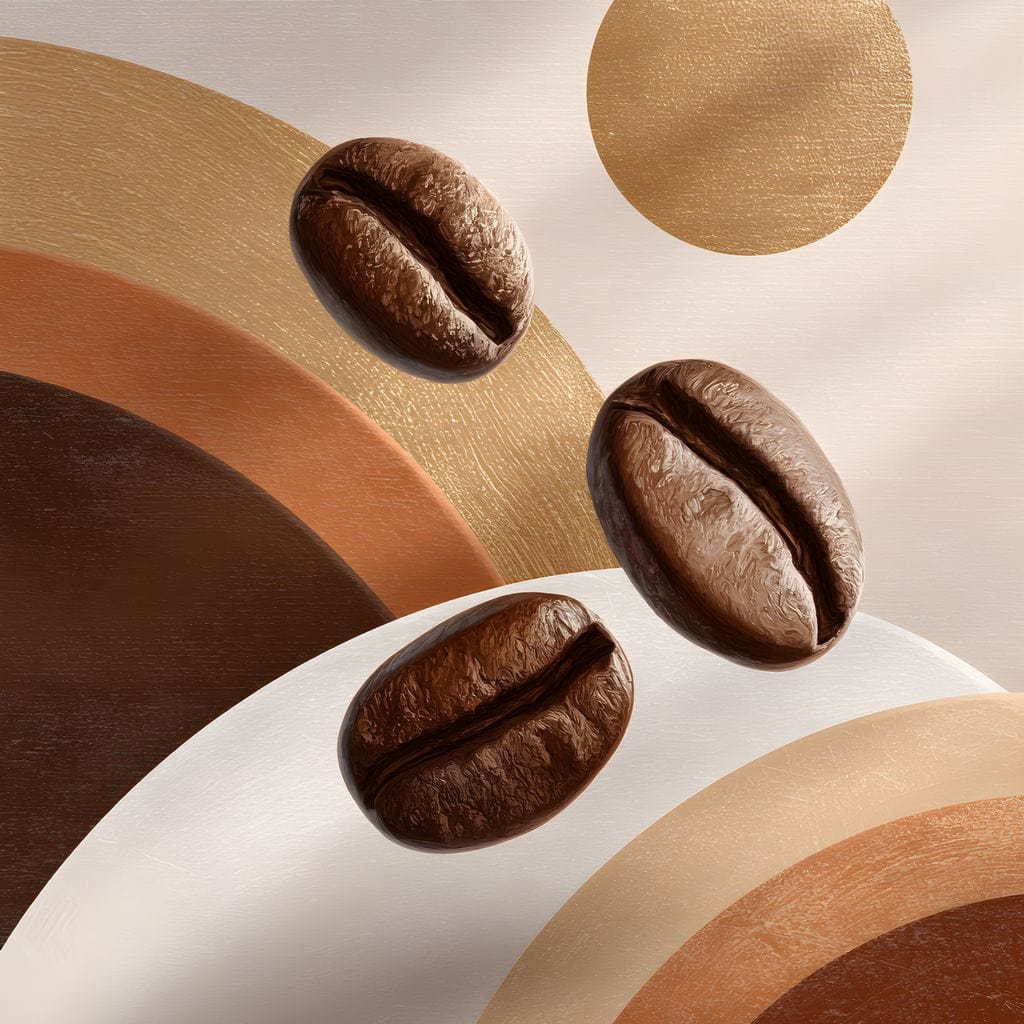 tablou canvas cu trei boabe de cafea, pe fundal abstract in nuante calde de maro, auriu si bronz