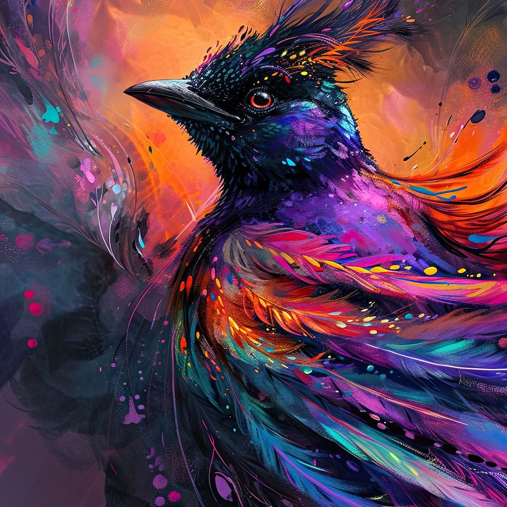 tablou canvas cu o pasare colorata in nuante aprinse pe fundal abstract