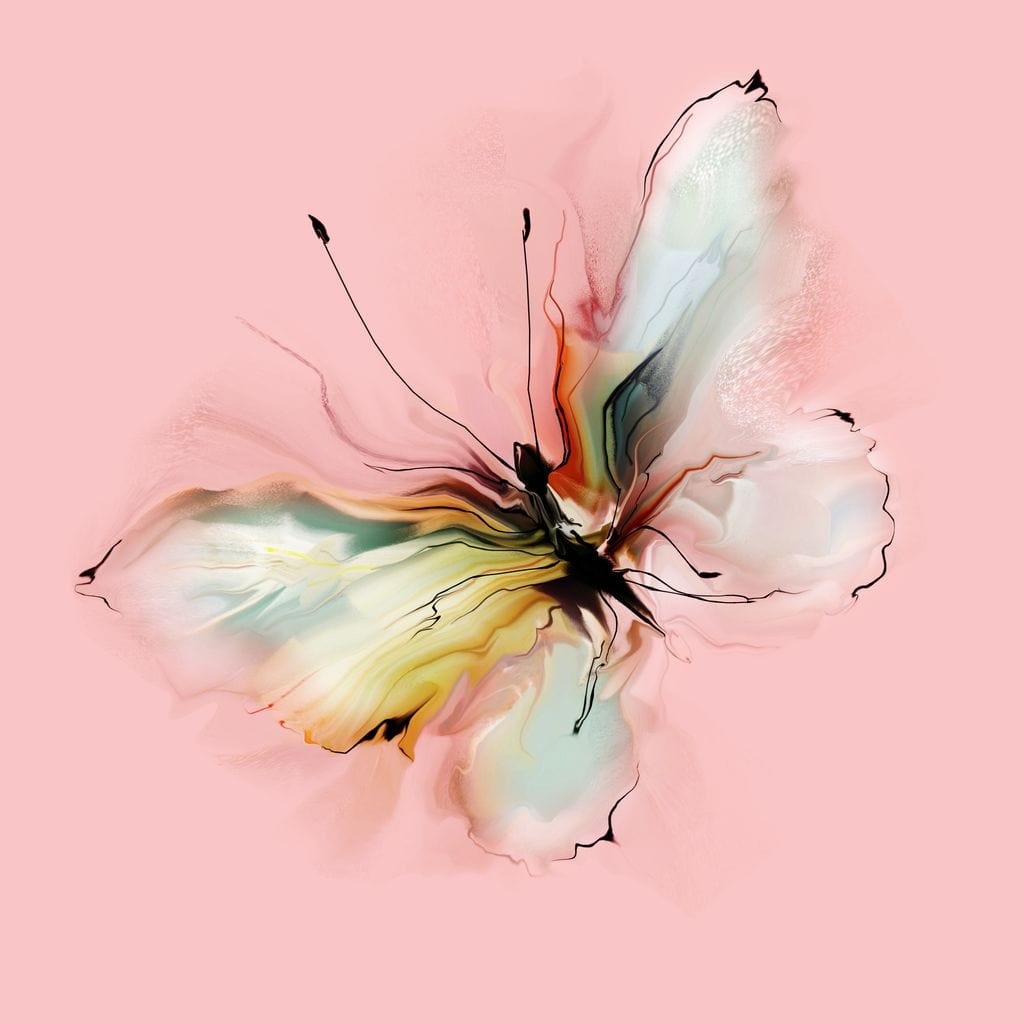 tablou canvas cu un fluture abstract in nuante vaporoase de galben, verde si roz pe fundal roz pal