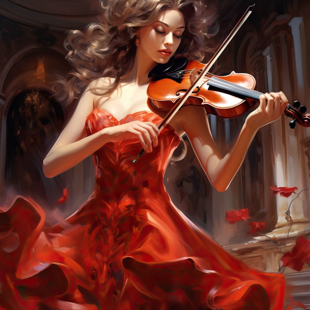 Tablou Canvas Premium LuxCanva® G1049, Rapsodie in Rosu , Vioara, Muzica, Eleganta, Muza, Pasiune, Rochie, Rosie, Living, Dormitor, Culori Vibrante