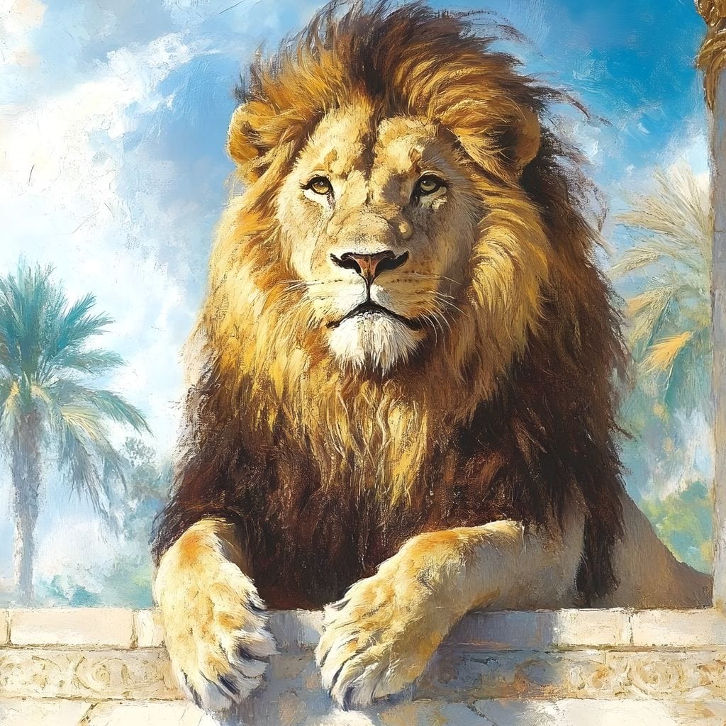 tablou canvas cu un leu sezand relaxat intre doua coloane decorate cu accente aurii si pictate in stil egiptean, pe fundal cu cer senin si copaci 