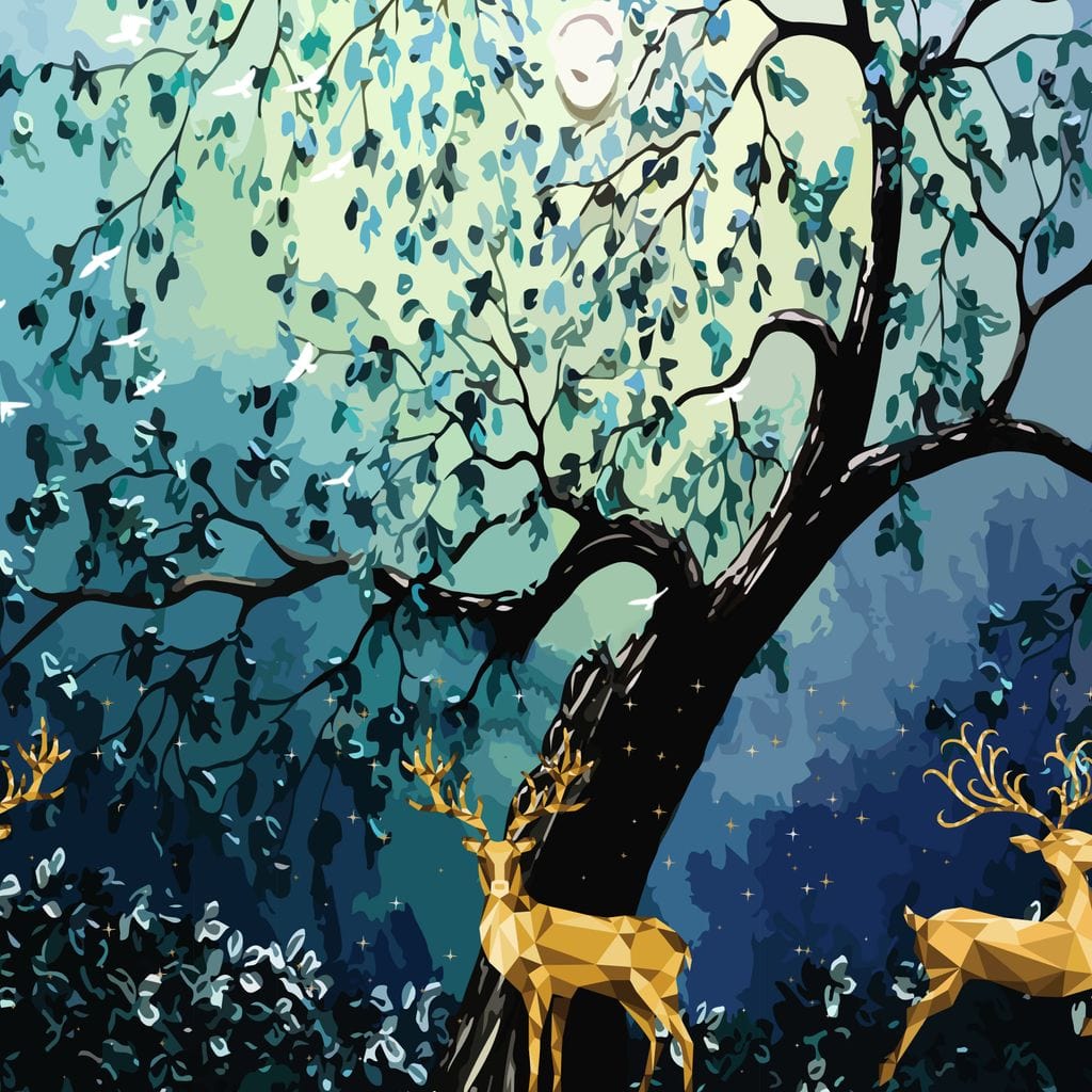 tablou canvas cu un peisaj de basm, cu trei cerbi de aur intr-o padure verde in lumina lunii, pe fundal nocturn si magic