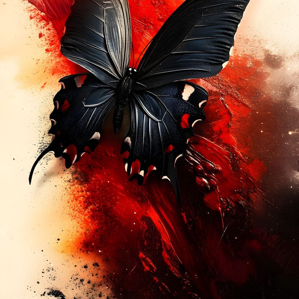 tablou canvas cu un fluture negru pe fundal rosu abstract, stil pictura in stropi de culoare 