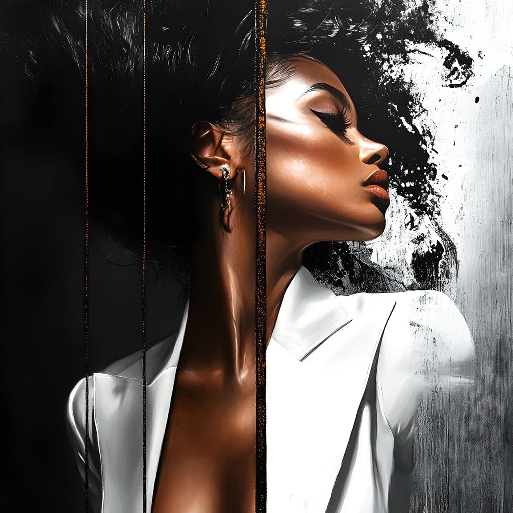 Tablou Canvas Premium, LuxCanva® G1182, Forta Feminitatii, Alb, Negru, Stil, Eleganta, Armonie, Lux, Urban, Auriu, Blazer, Par, Portret, Dinamism, Fashion, Birou, Living, Dormitor