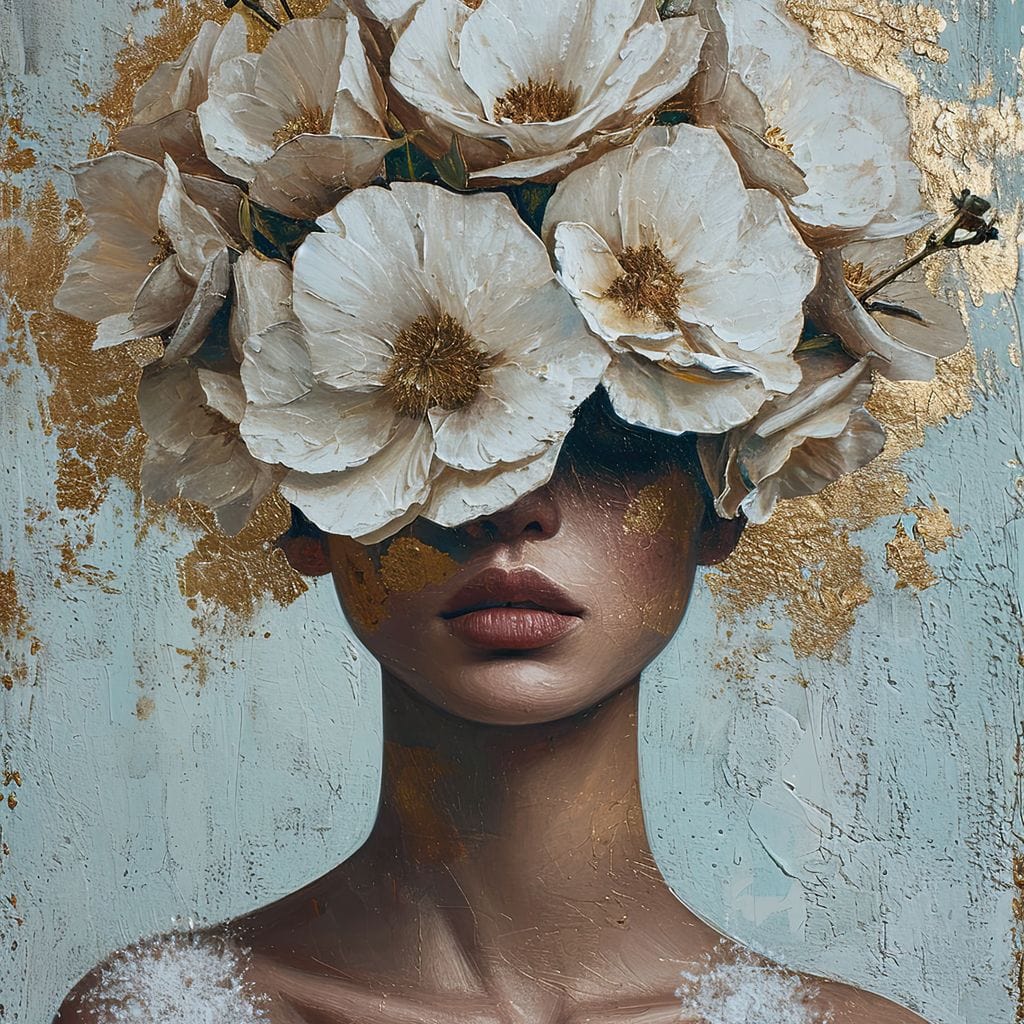 Tablou Canvas Premium LuxCanva® G1000, Ganduri Inflorite ,  Flori, Frumusete, Alb, Auriu, Petale, Estetica, Portret, Living, Dormitor, Culori vibrante