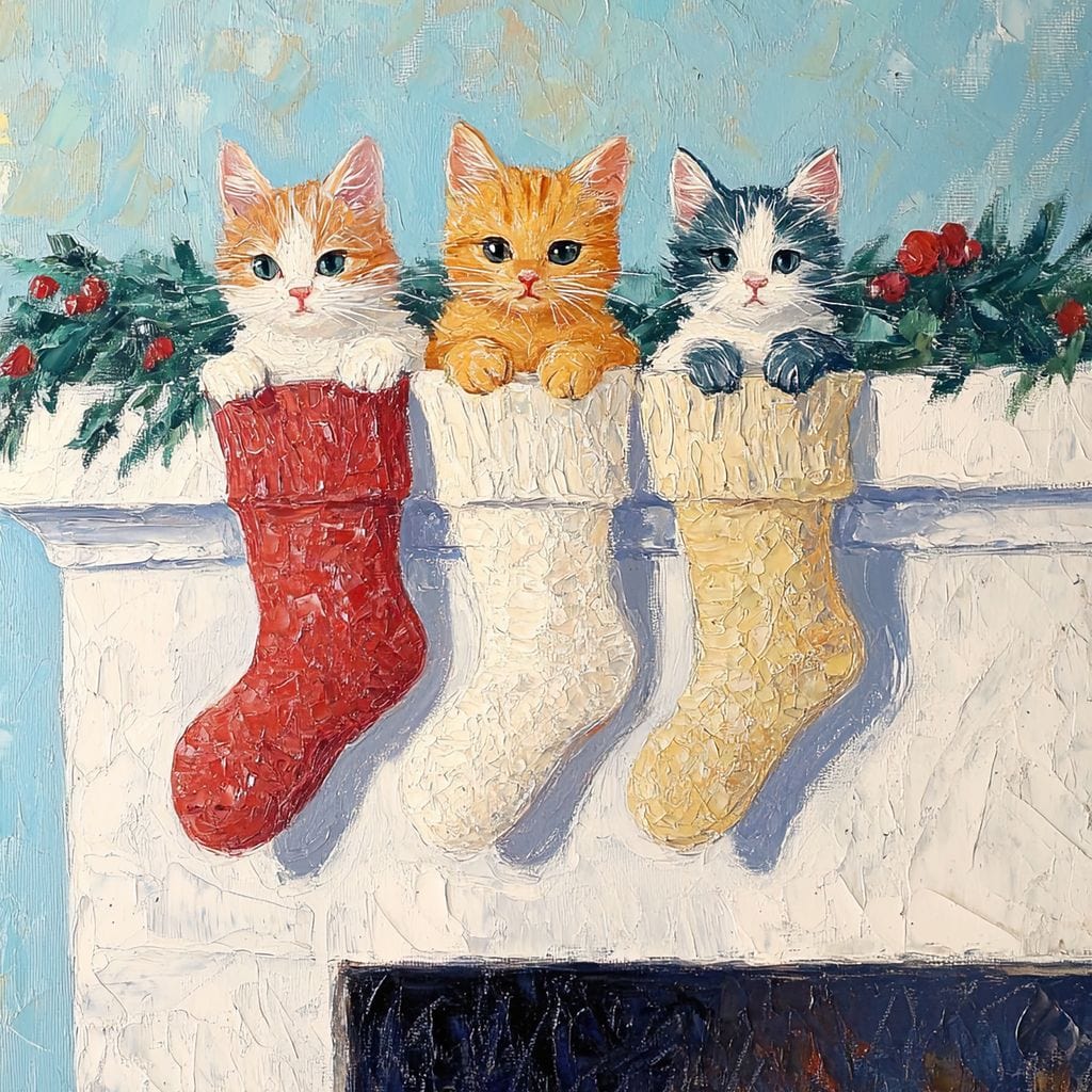 Tablou Canvas Premium LuxCanva® D1022, In asteptarea lui Mos Nicolae , Pisicute, Sosete, Semineu, Asteptare, Daruri, Living Room, Culori vibrante