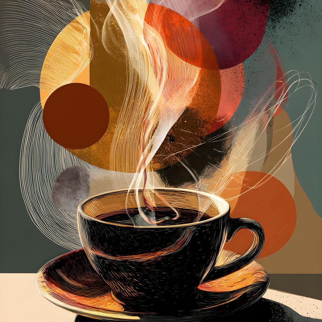 tablou canvas cu o ceasca de cafea espresso fierbinte, cu aburi, pe fundal abstract inchis cu forme nuante calde 