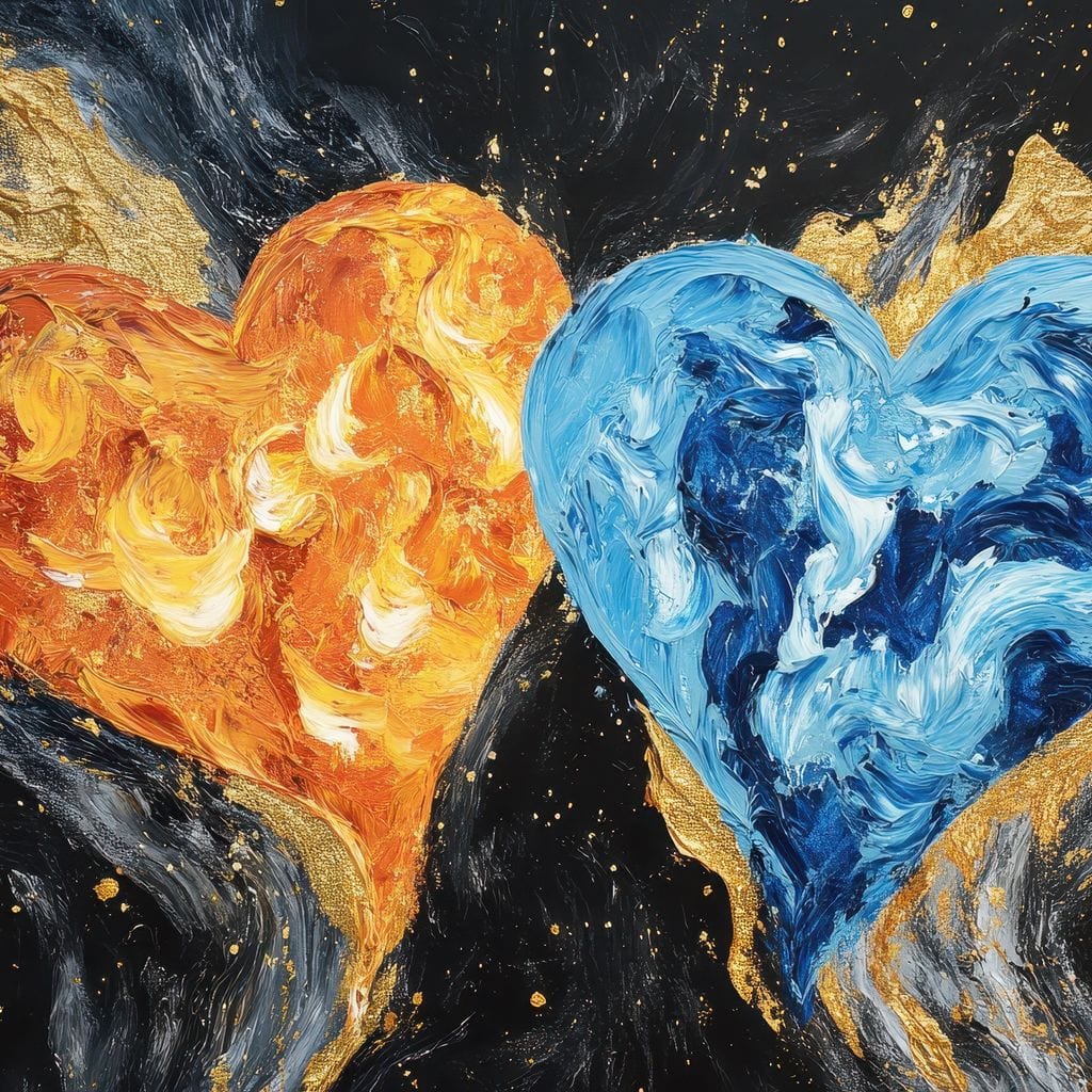 Tablou Canvas Premium LuxCanva® E1005, Inimi de Foc si Gheata, Foc, Apa, Gheata, Pasiune, Infinit, Living Room, Culori vibrante