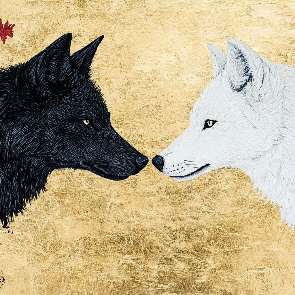 tablou canvas cu un lup alb si unul negru, pe fundal negru cu auriu decorat cu frunze rosii de artar