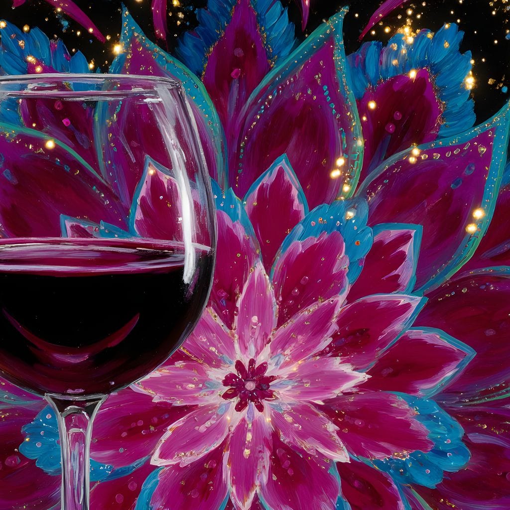 tablou canvas cu un pahar de vin rosu, pe fundal abstract cu o floare roz pictata sub forma de mandala cu sclipiri aurii