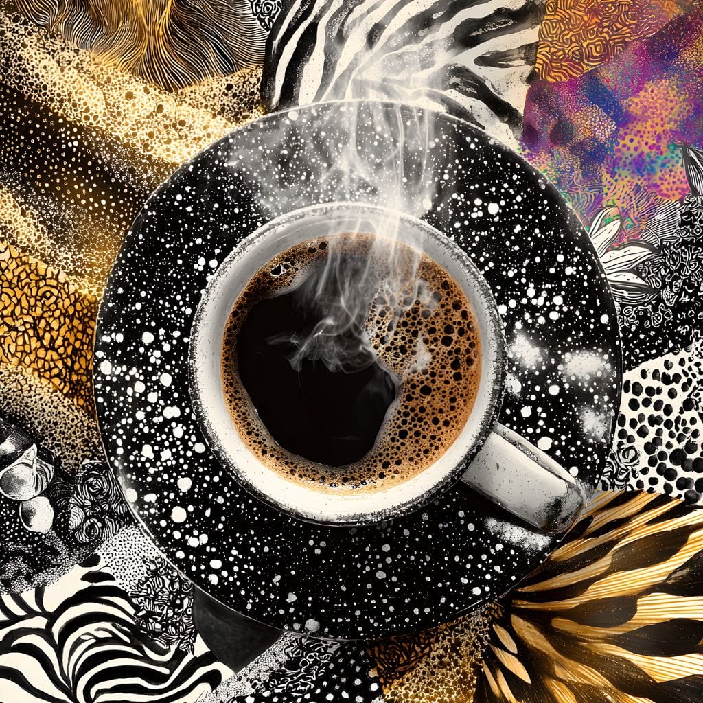 tablou canvas cu o cafea espresso fierbinte, cu aburi, pe fundal cu diverse forme de animal print