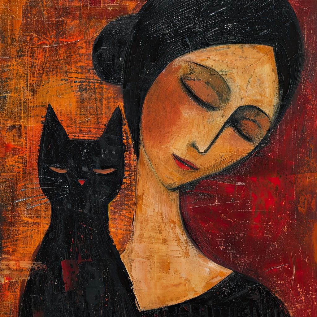 Tablou Canvas Premium, LuxCanva® G1105, Pisica si Muza,  Pisica, Femeie, Umbra, Tacere, Ganduri, Boem, Taina, Emotie, Liniste, Iubire, Living, Dormitor