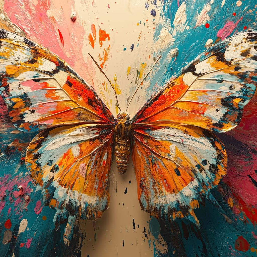 tablou canvas cu un fluture portocaliu pe fundal abstract multicolor