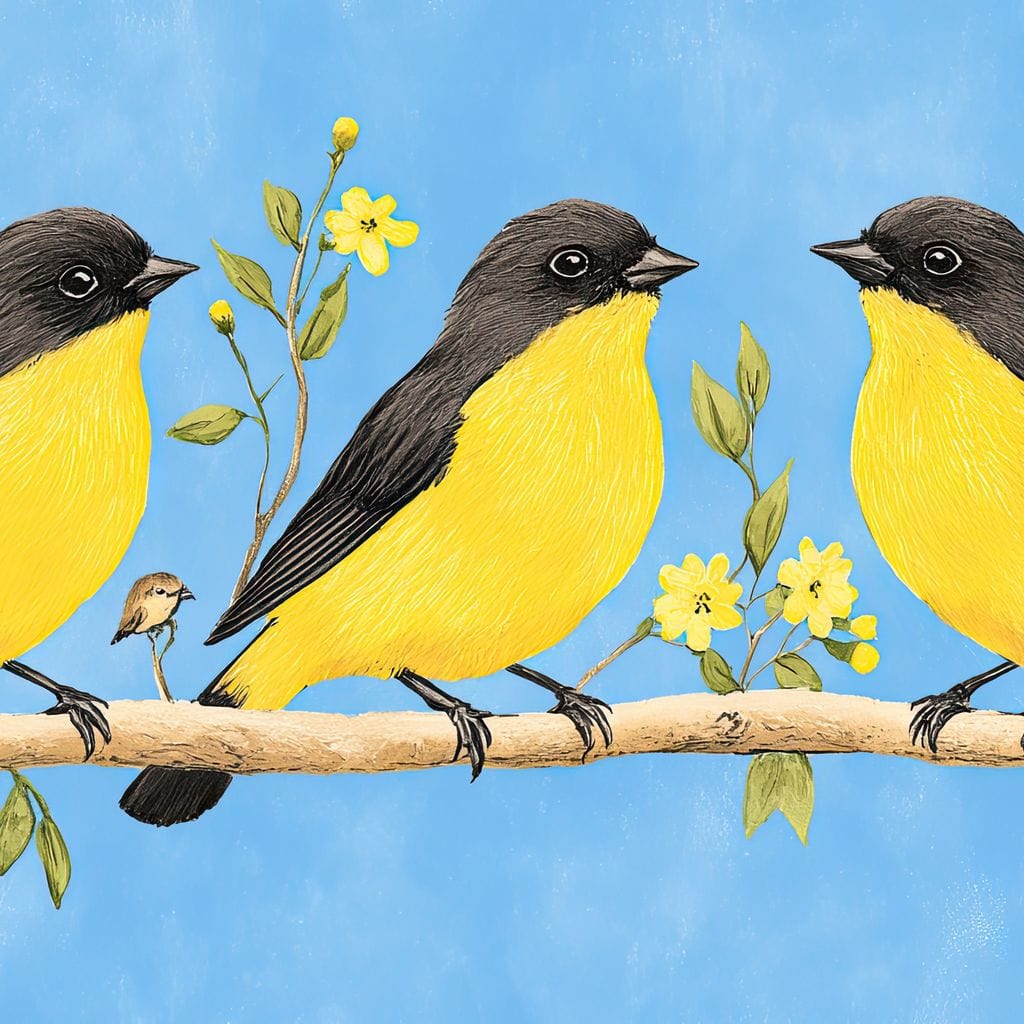tablou canvas cu 3 pasari cu penaj negru si galben pe o ramura inflorita, pe fundal albastru pastelat