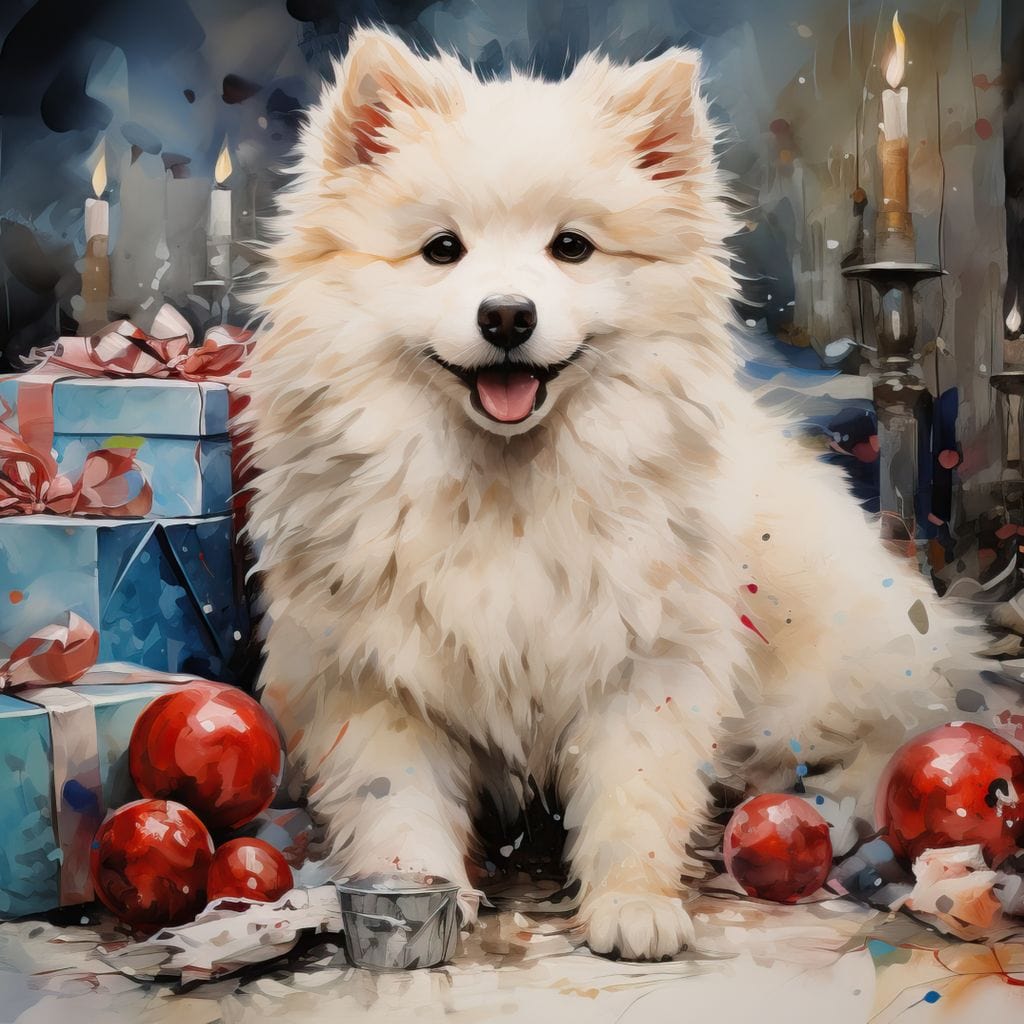 Tablou Canvas Premium, LuxCanva® D1033, Blanosul Samoyed printre Globuri , Patruped, Blana, Rosu, Globuri, Lumanari, Living Room, Culori vibrante