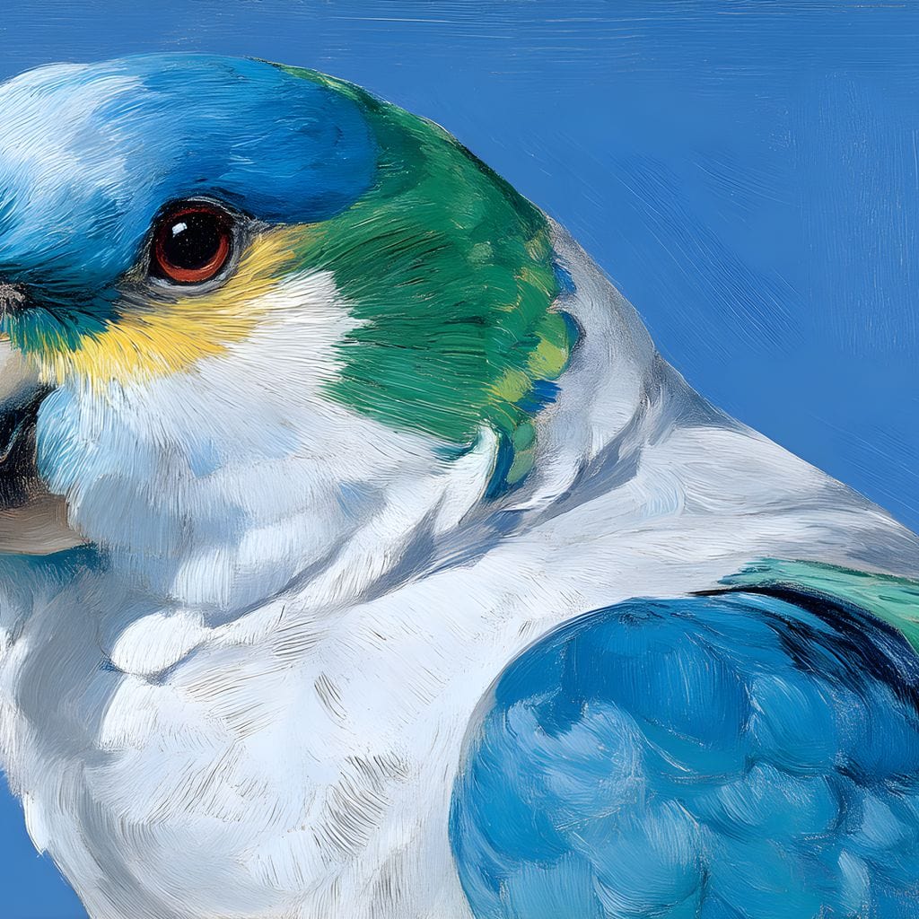 tablou canvas cu un papagal colorat in nuante de albastru, verde si alb pe fundal monocrom albastru