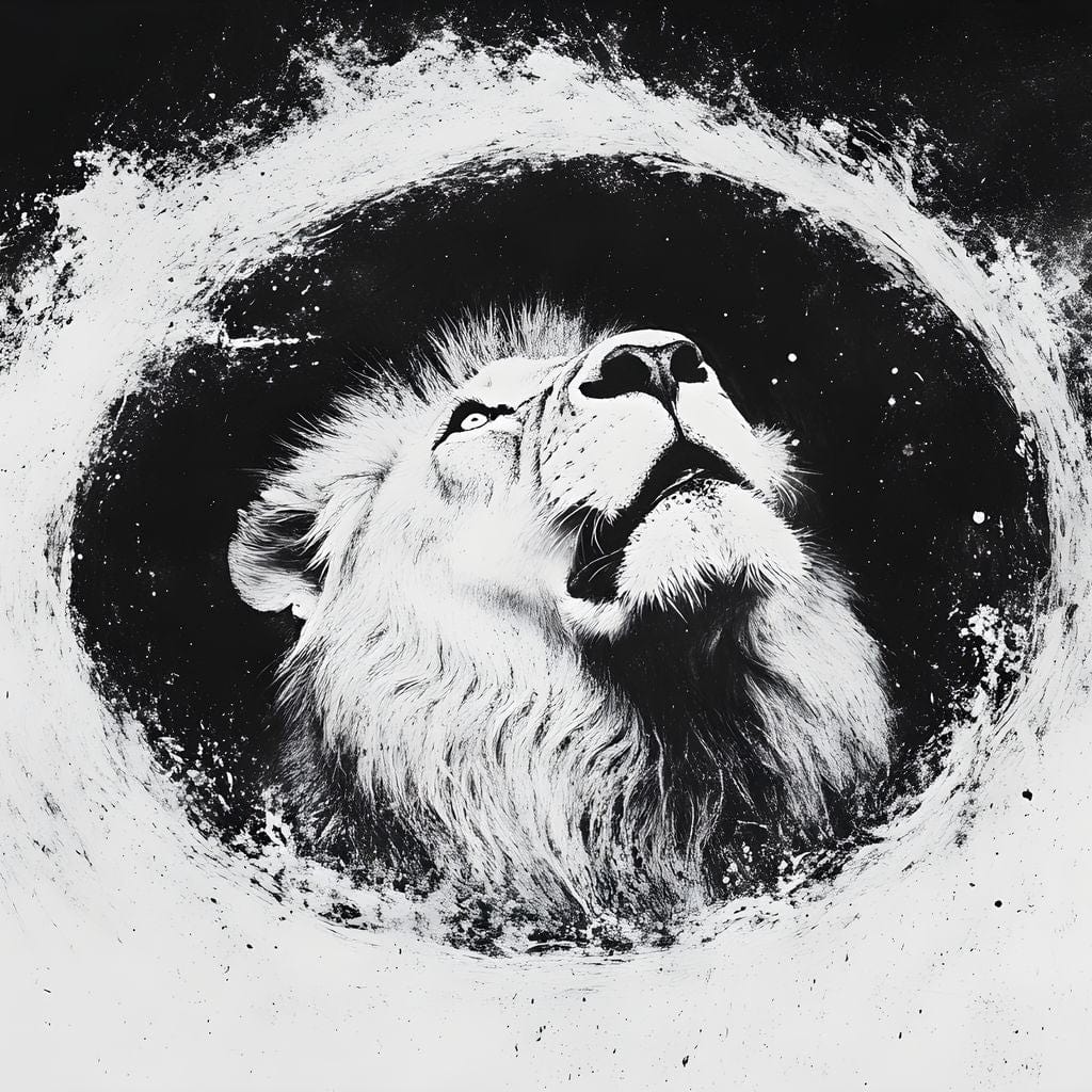 tablou canvas cu un cap de leu redat abstract in nuante de alb si negru, pe fundal intunecat