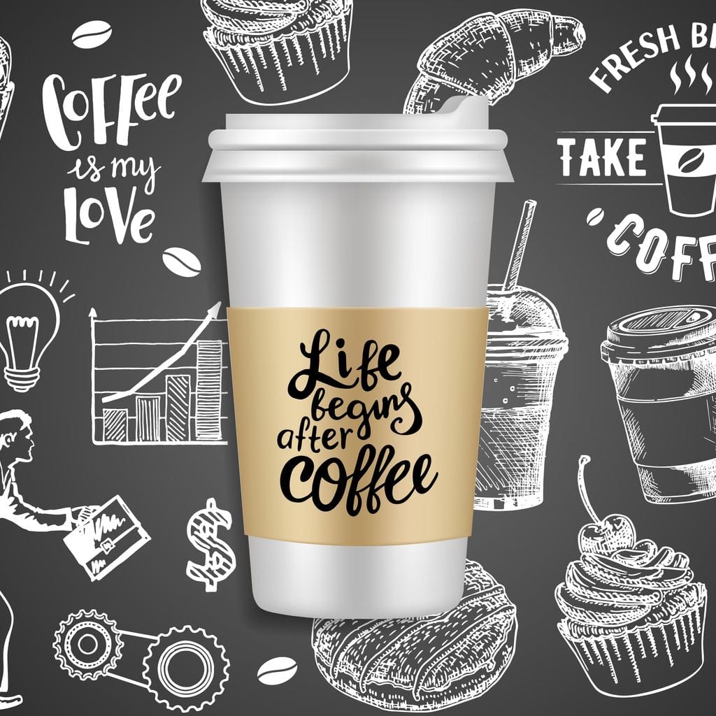 tablou canvas cu o cafea intr-un ambalaj "to-go" pe fundal negru cu diverse desene marcate cu alb