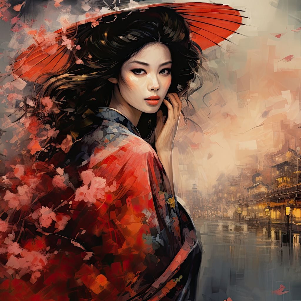 Tablou Canvas Premium, LuxCanva® G1116, Eleganta Japoneza, Gheisa, Vant, Ciresi, Nipona, Umbrela, Rosie, Kyoto, Asiatica, Living, Dormitor