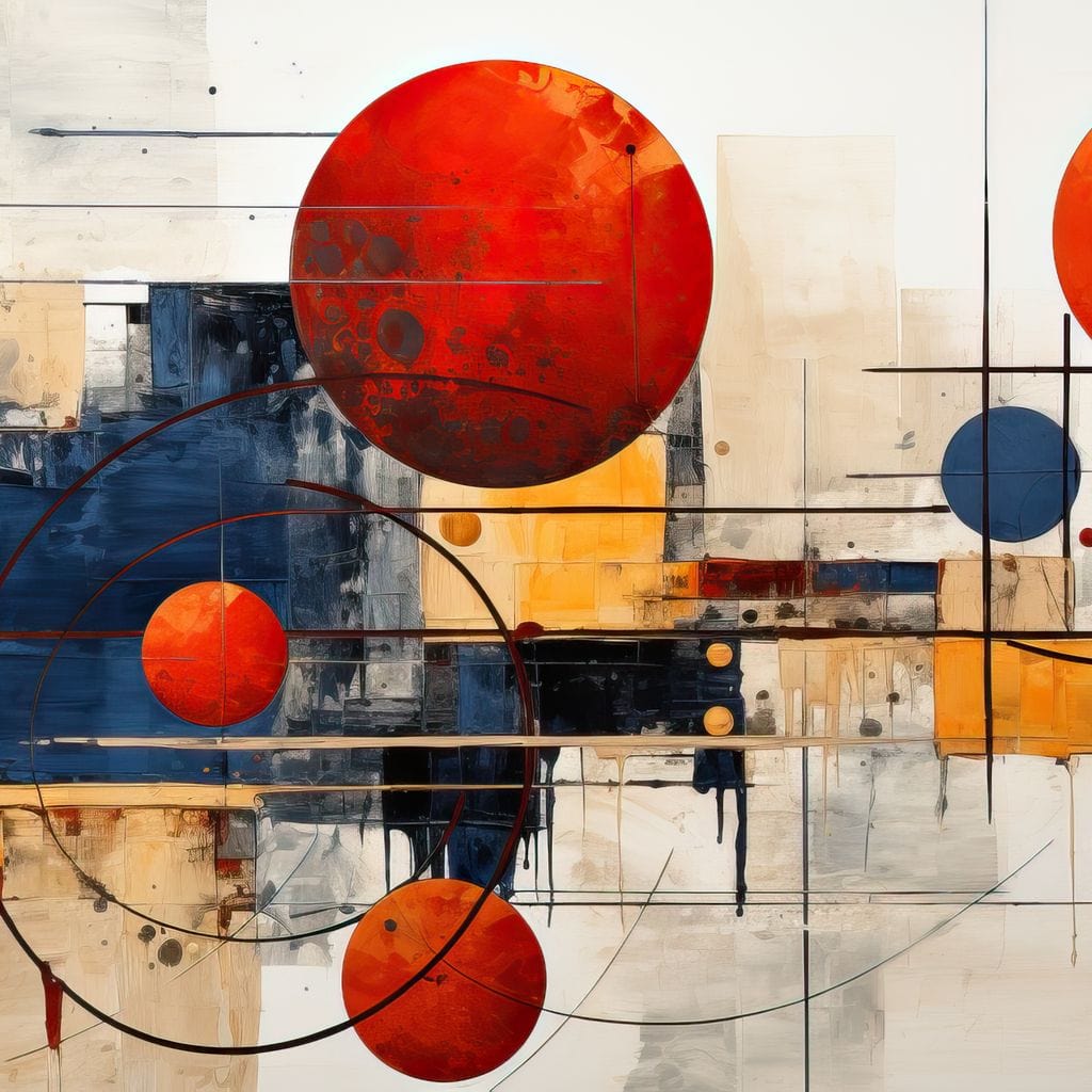 Tablou Canvas Premium, LuxCanva® J1019, Spatiu Descompus, Sfere, Rosii, Portocaliu, Orbite, Linii, Urban, Contraste, Compozitional, Decorativ, Fantasmic, Living, Dormitor