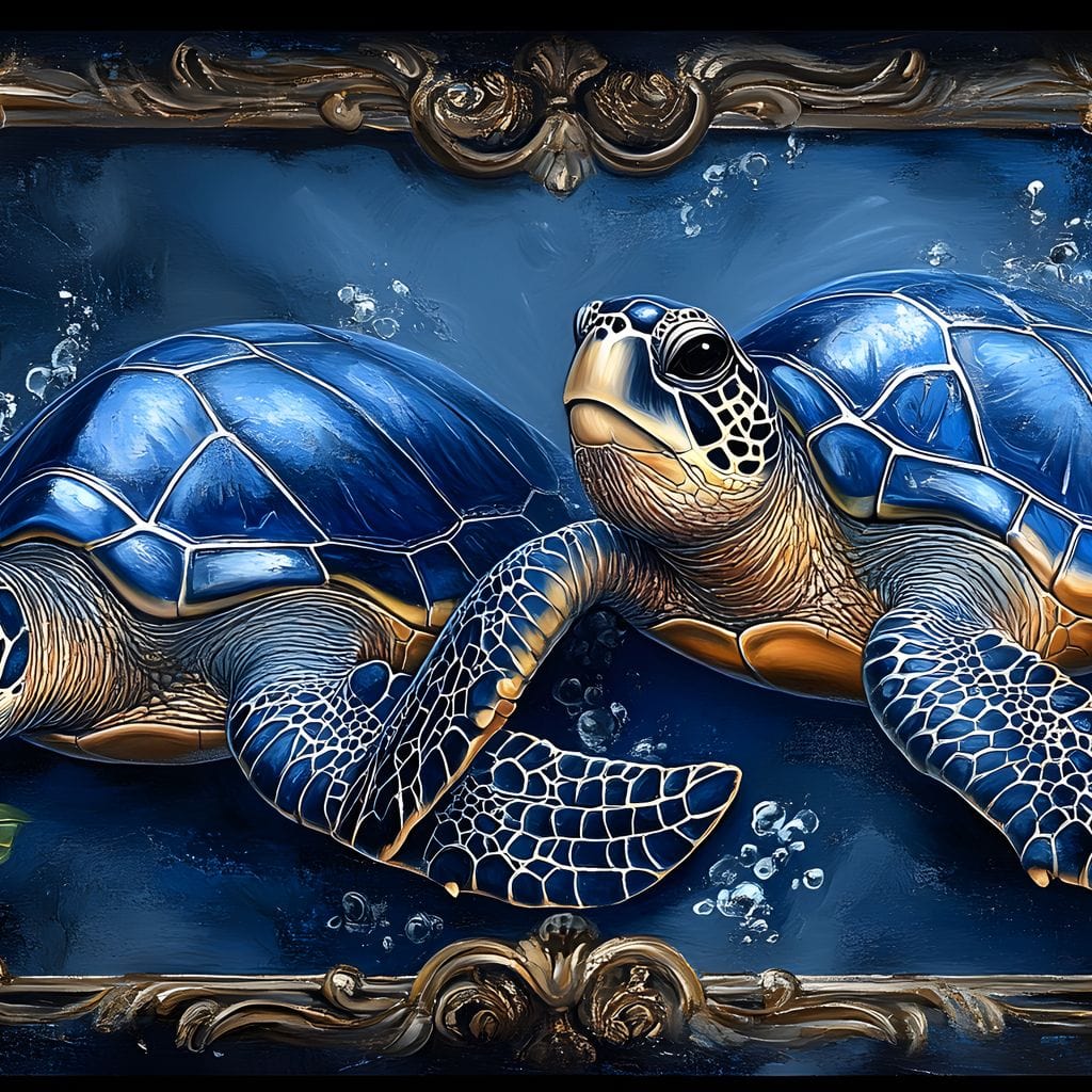 tablou canvas cu doua testoase albastre in apa, intr-un cadru auriu decorat cu flori albastre