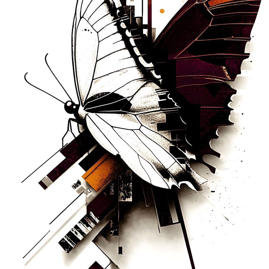 tablou canvas cu un fluture desenat in alb negru, pe fundal abstract, liniar si deschis