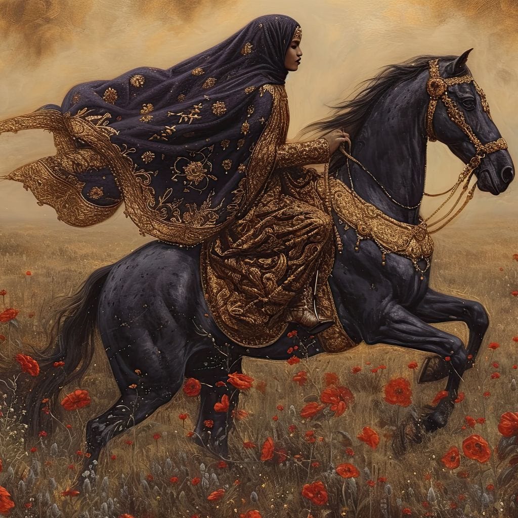 Tablou Canvas Premium, LuxCanva® G1095, Galop Printre Maci, Epic, Libertate, Armasar, Maci, Oriental, Printesa, Calatorie, Vant, Living, Dormitor