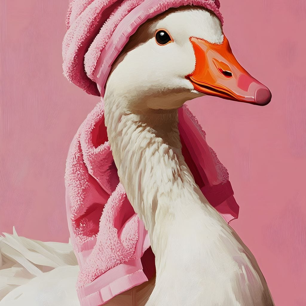 tablou canvas cu o gasca alba, cu un prosop roz, pe fundal roz pastelat