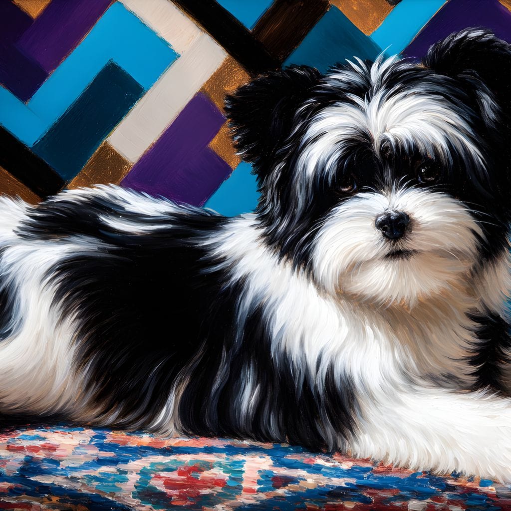 tablou canvas cu un catel blanos, alb si negru, asezat pe un covor colorat, pe fundal geometric in tonuri de albastru, violet