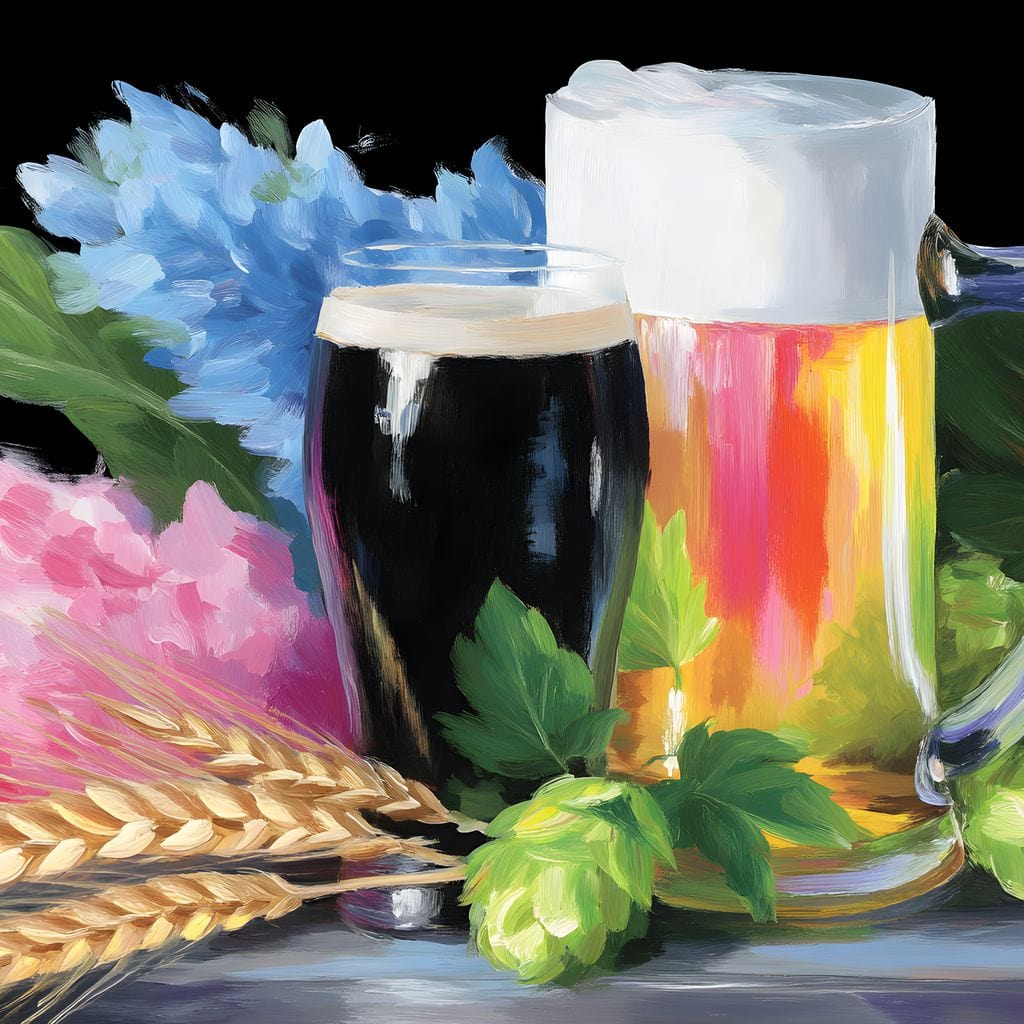 tablou canvas cu o halba de bere blonda si un pahar cu bere neagra, printre flori multicolore si flori de hamei, pictate pe fundal negru