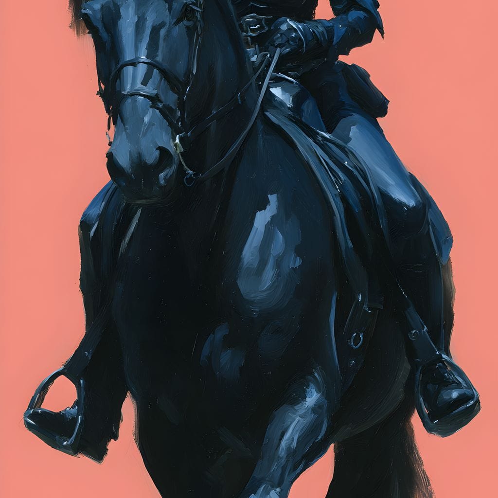 tablou canvas cu o femeie cu palarie de cowboy, calare pe un cal negru, pe fundal pastelat