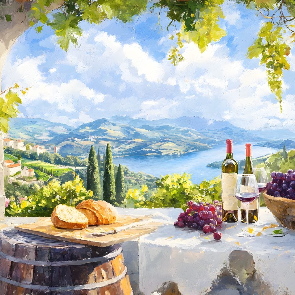 tablou canvas cu un peisaj rustic, cu paine, struguri rosii si sticle de vin rosu, pe fundal cu dealuri si cer senin