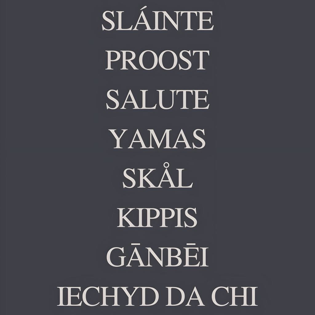 tablou canvas cu salutul unui toast in mai multe limbi internationale, scris cu alb pe fundal inchis