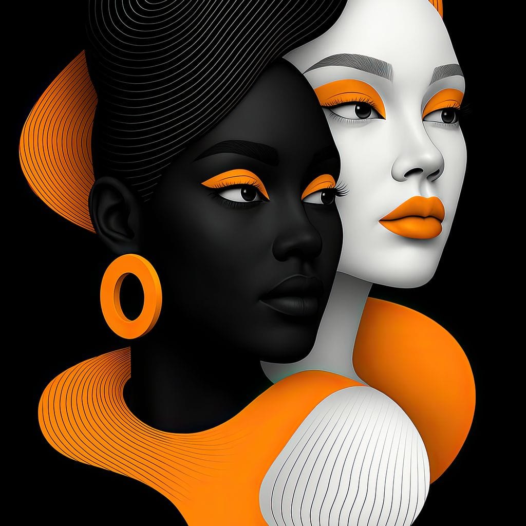 Tablou Canvas Premium, LuxCanva® G1213, Unirea Lumilor, Fete, Suflete, Alb, Negru, Portocaliu, Fusion, Simetrie, Portret, Diversitate, Poem, Umbra, Oglinda, Polaritate, Salon, Birou, Living, Dormitor