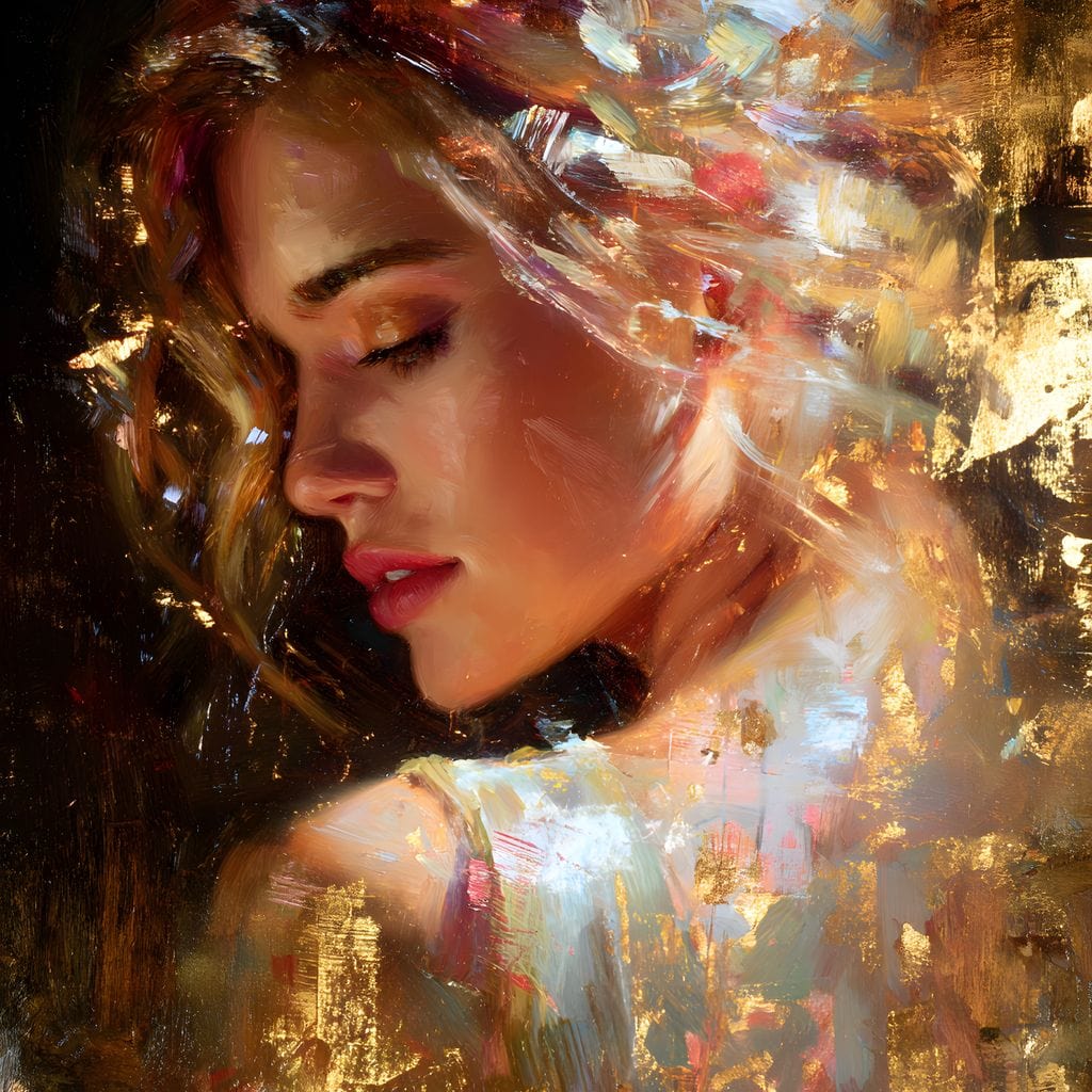 Tablou Canvas Premium, LuxCanva® G1155, In Bratele Soarelui, Visare, Fata, Zeita, Auriu, Gratie, Tacere, Stralucire, Freamat, Sclipiri, Rasarit, Mister, Rafinament, Birou, Living, Dormitor