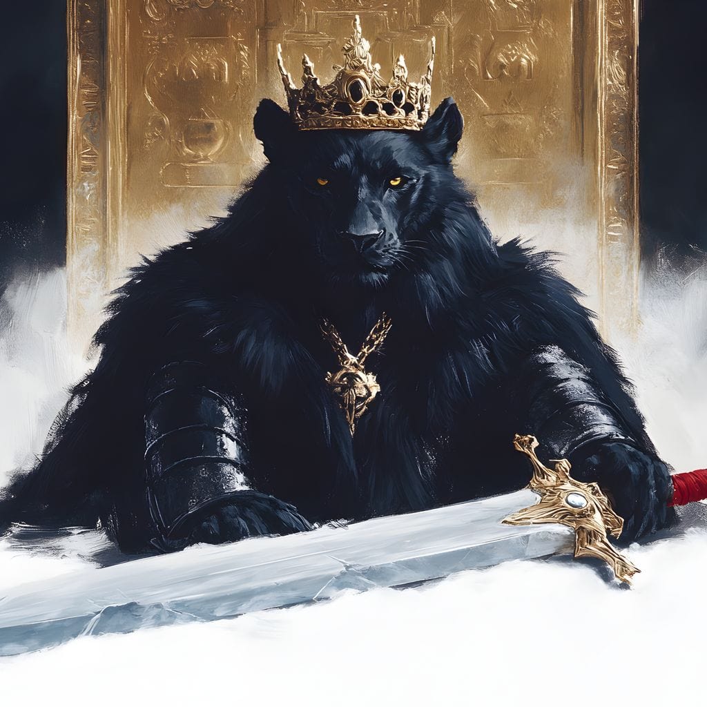 tablou canvas cu o pantera neagra incoronata in armura regala, tinand o sabie decorativa, pe fundal cu ceata si un tron de aur