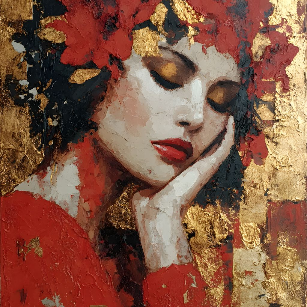 Tablou Canvas Premium, LuxCanva® G1227, Rasuflarea Luminii, Visare, Aur, Rosu, Tacere, Toamna, Catifea, Ganduri, Melancolie, Flori, Portret, Rafinament, Mister, Pasiune, Salon, Living, Dormitor