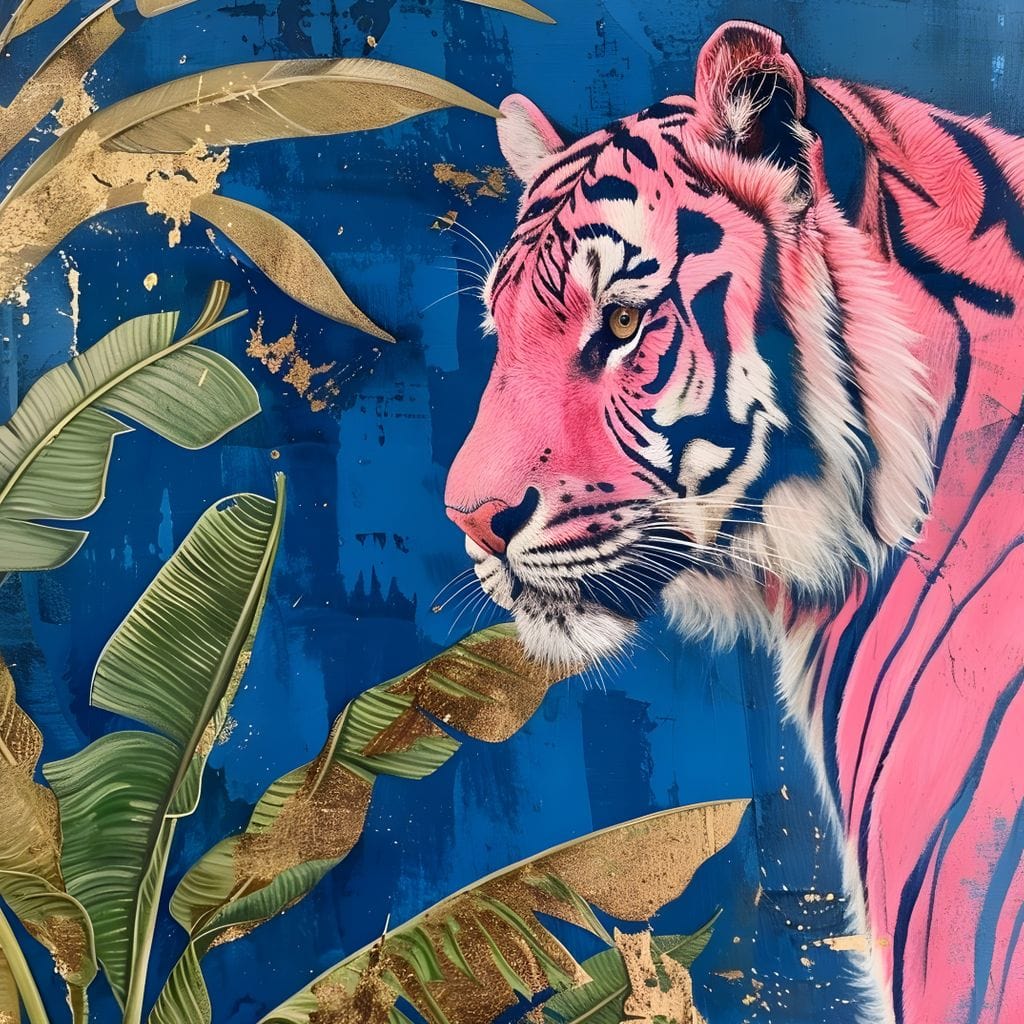 tablou canvas cu un tigru pe fundal albastru, langa frunze tropicale cu accente bej-aurii