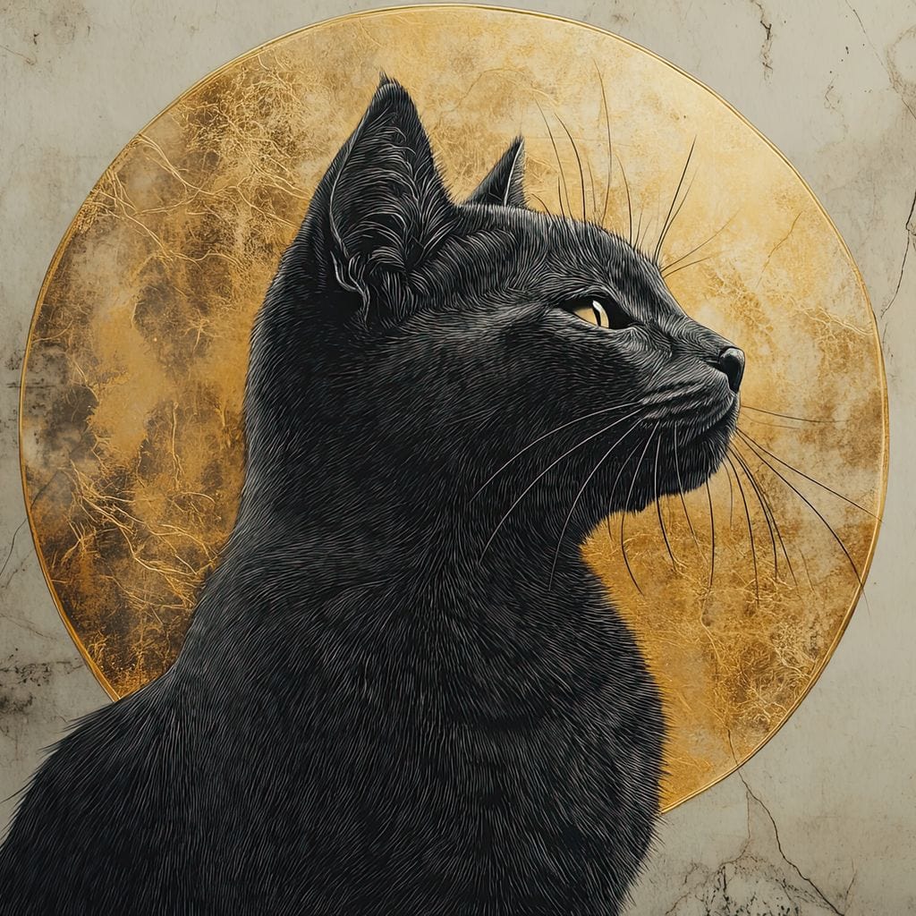 tablou canvas cu o pisica neagra, surprinsa din profil, pe fundal texturat de marmura cu Luna Plina