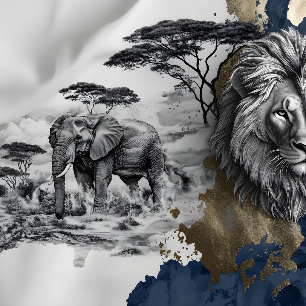 tablou canvas cu un cap de leu si un elefant african in fundal, redat in nuante monocrome cu accente aurii si albastre