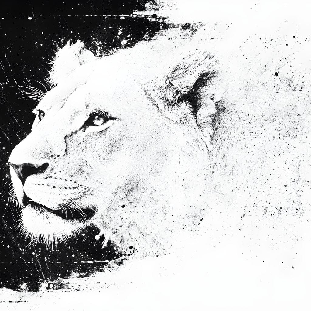 tablou canvas cu un chip de leoaica redat in alb si negru, pe fundal intunecat